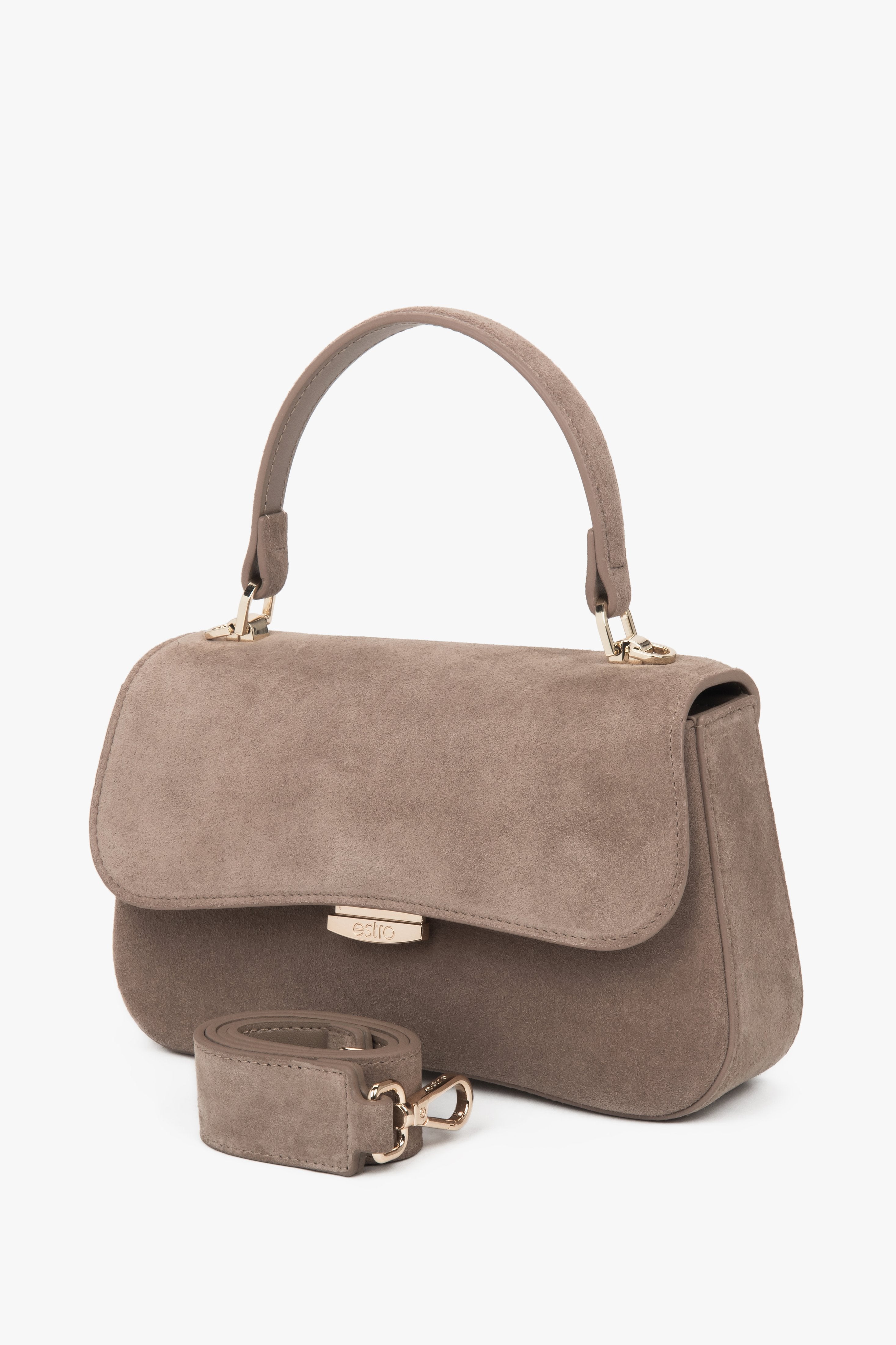 Small light brown women’s satchel handbag made of genuine velour.
