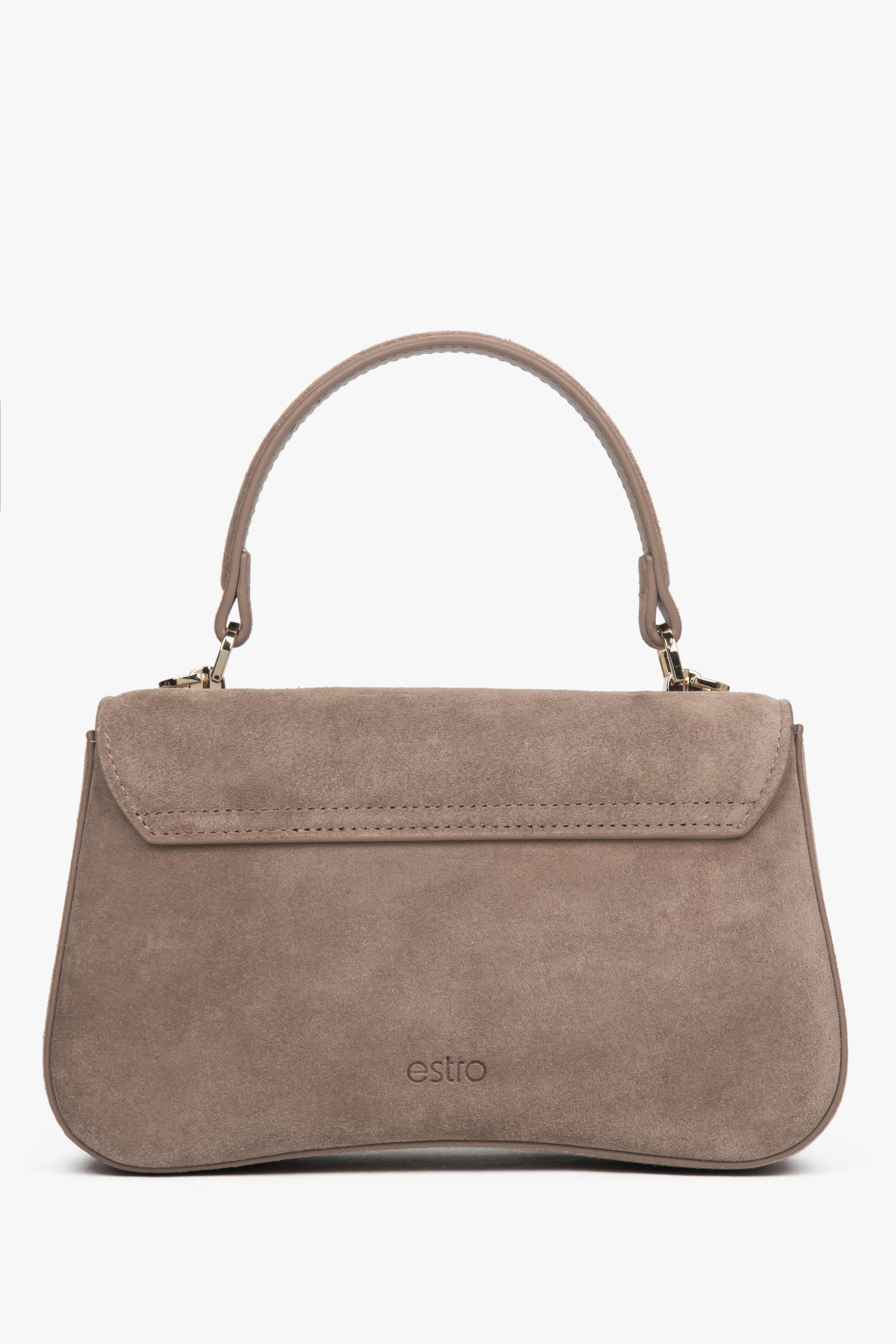 Light brown small women’s satchel handbag by Estro, made of genuine velour.