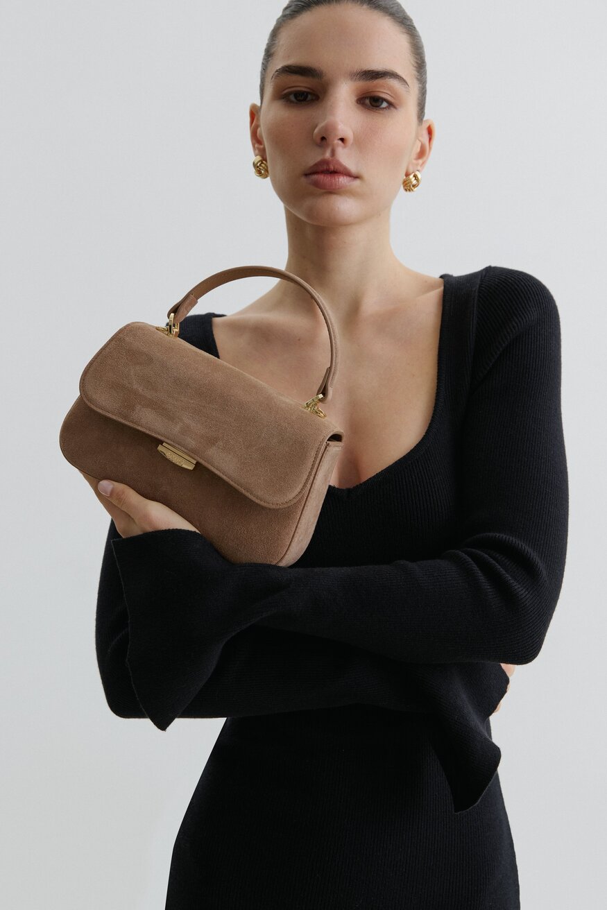 Women’s Small Light Brown Velour Satchel Handbag Estro.