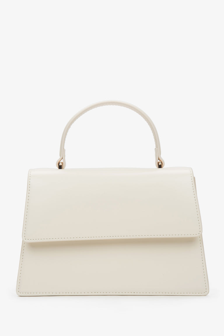 Women’s small milky beige natural leather satchel bag with gold hardware, Estro.