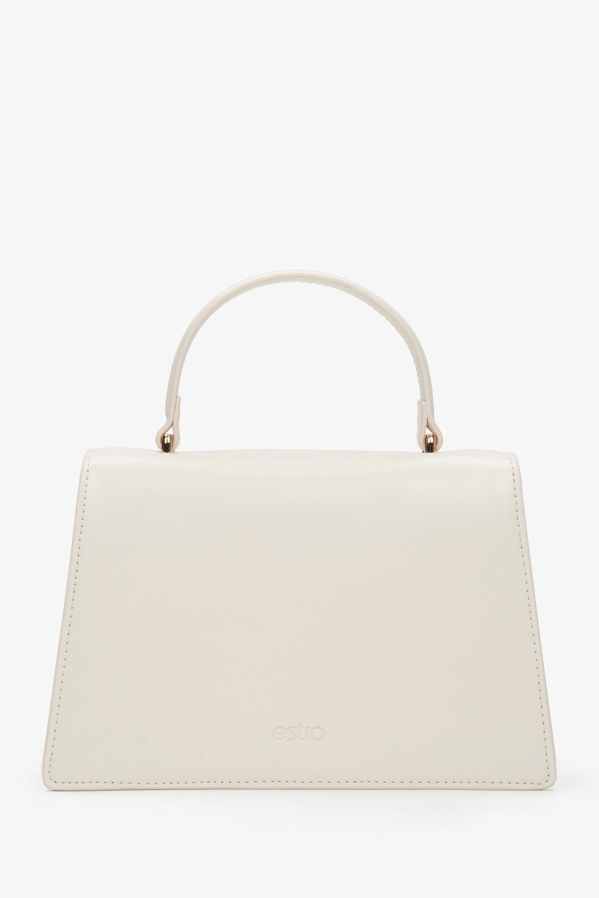 Small light beige leather handbag featuring a gold-tone snap closure and leather lining.