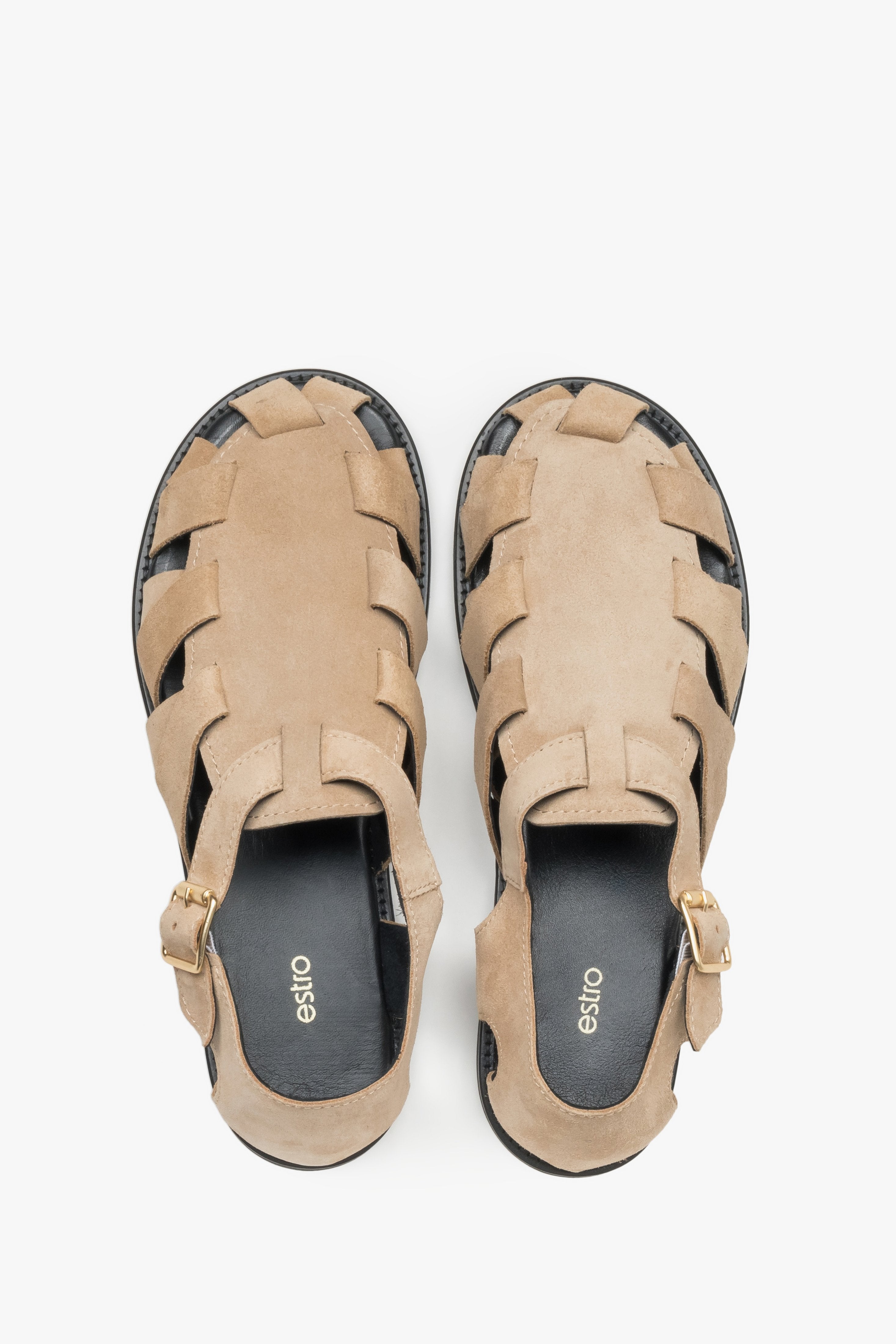 Soft beige women’s Estro fisherman-style sandals made of natural velour - top view.