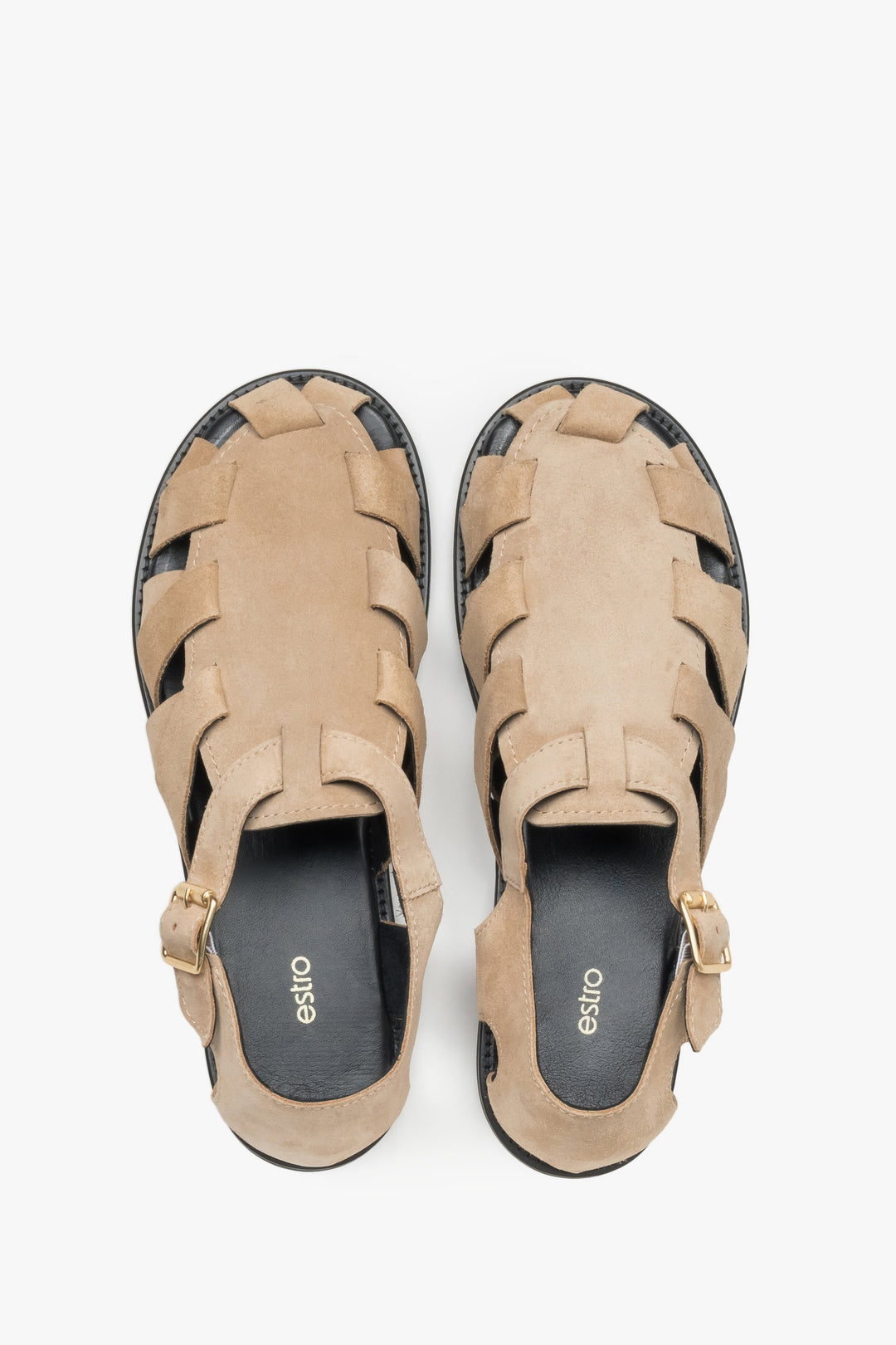 Soft beige women’s Estro fisherman-style sandals made of natural velour - top view.