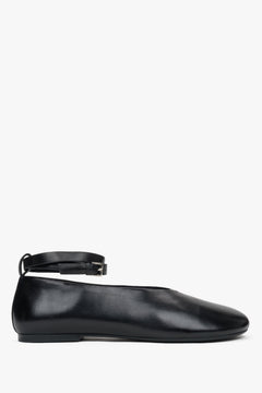 Women's Soft Black Leather Ballerina Flats with Ankle Strap Estro ER00117187.