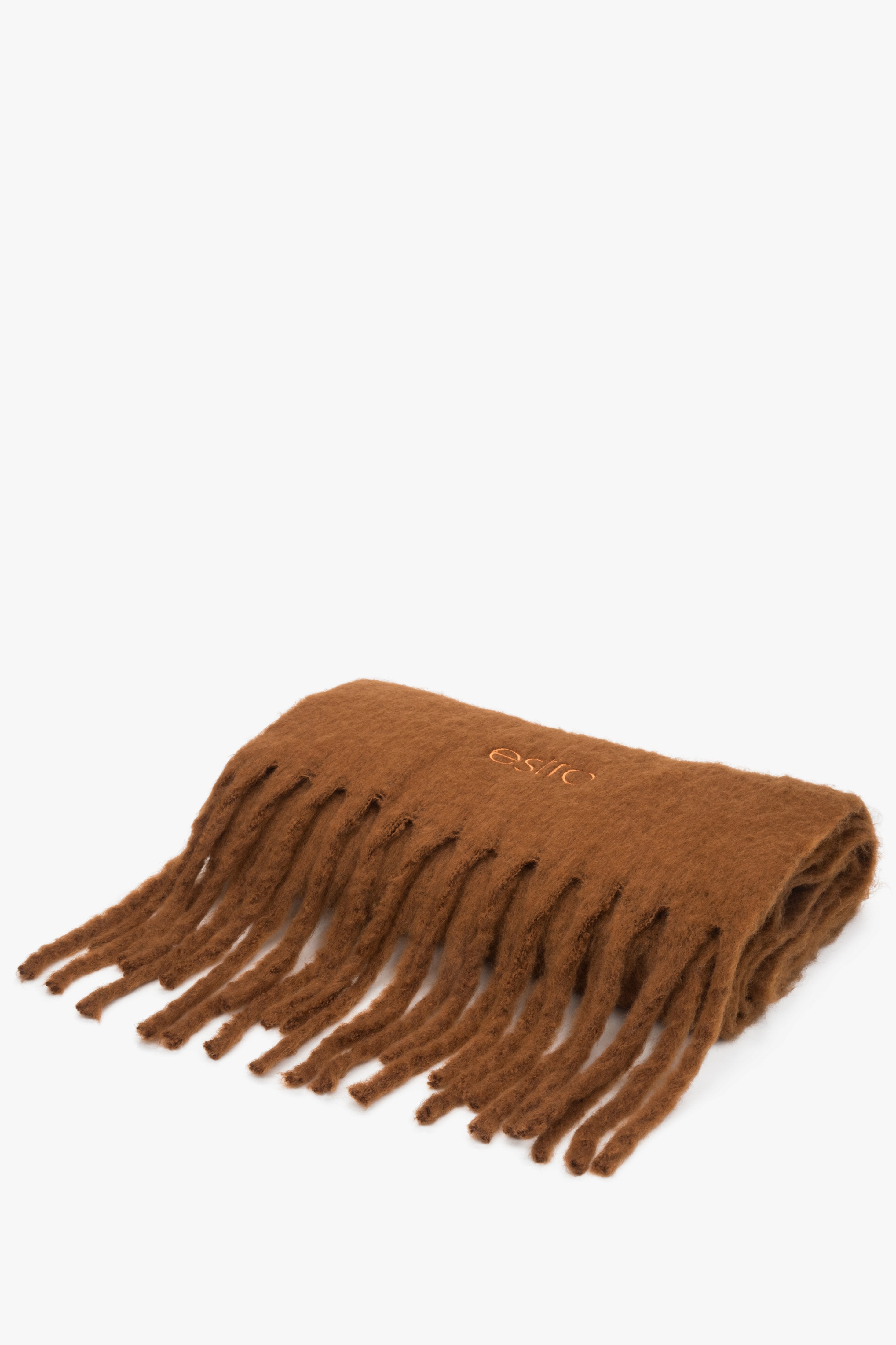 Warm, chunky brown women's scarf by Estro with fringes.
