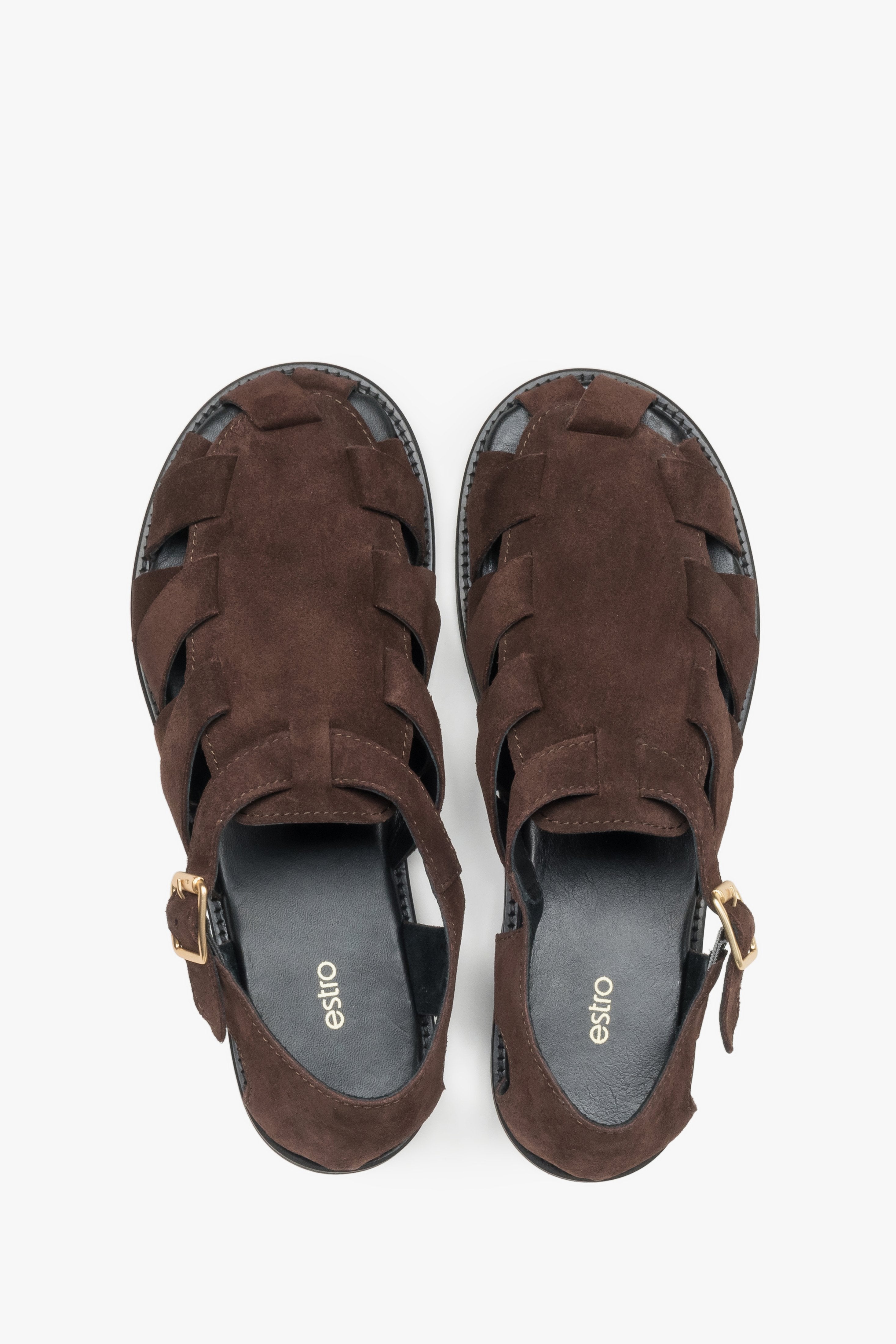 Soft dark brown women’s Estro fisherman-style sandals made of natural velour.