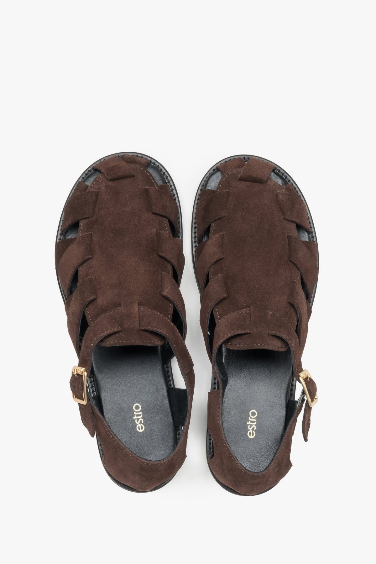 Soft dark brown women’s Estro fisherman-style sandals made of natural velour.