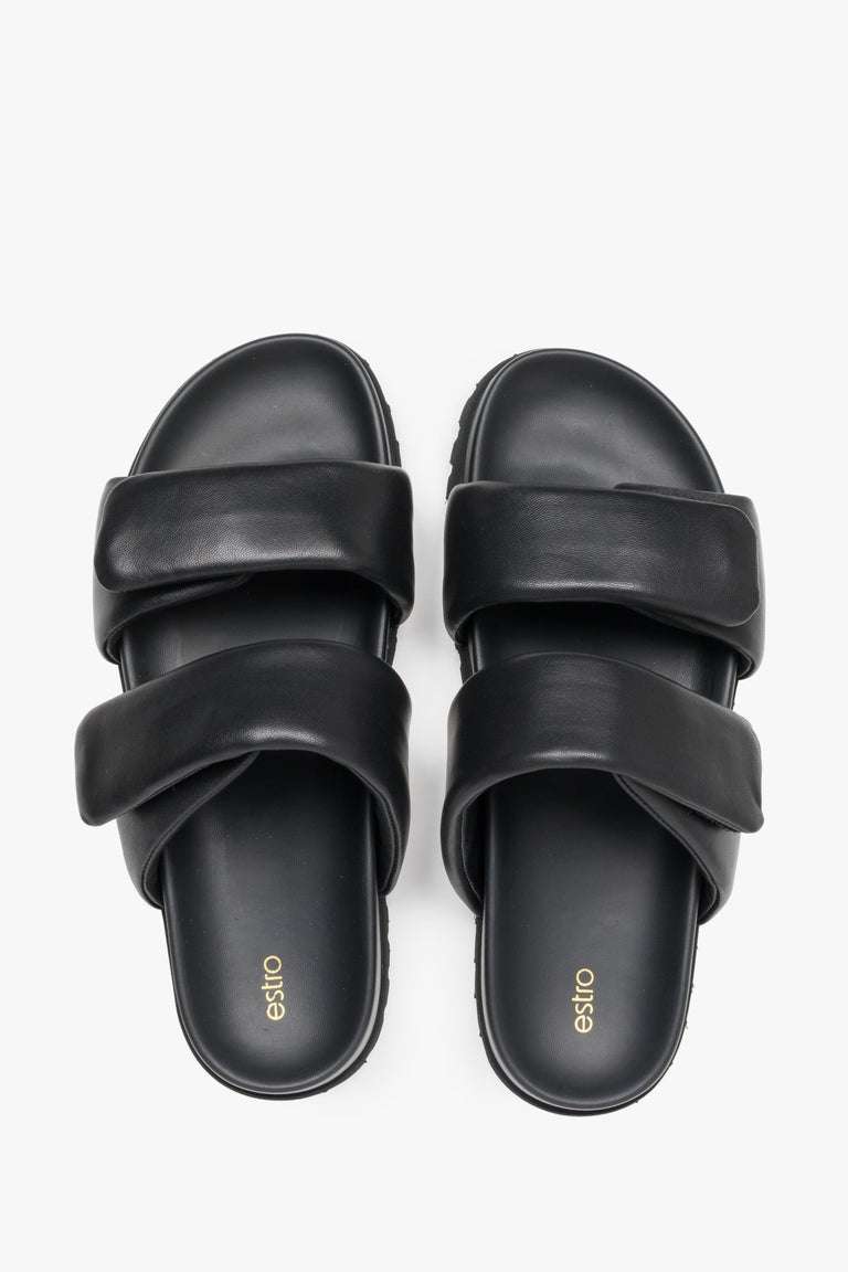 Stylish black women's slides by Estro, made from high-quality genuine leather and featuring soft, delicate straps.