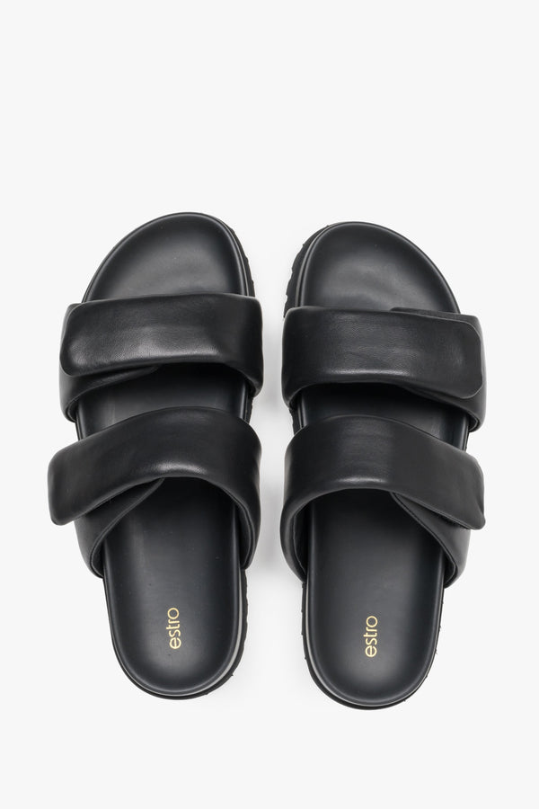 Stylish black women's slides by Estro, made from high-quality genuine leather and featuring soft, delicate straps.