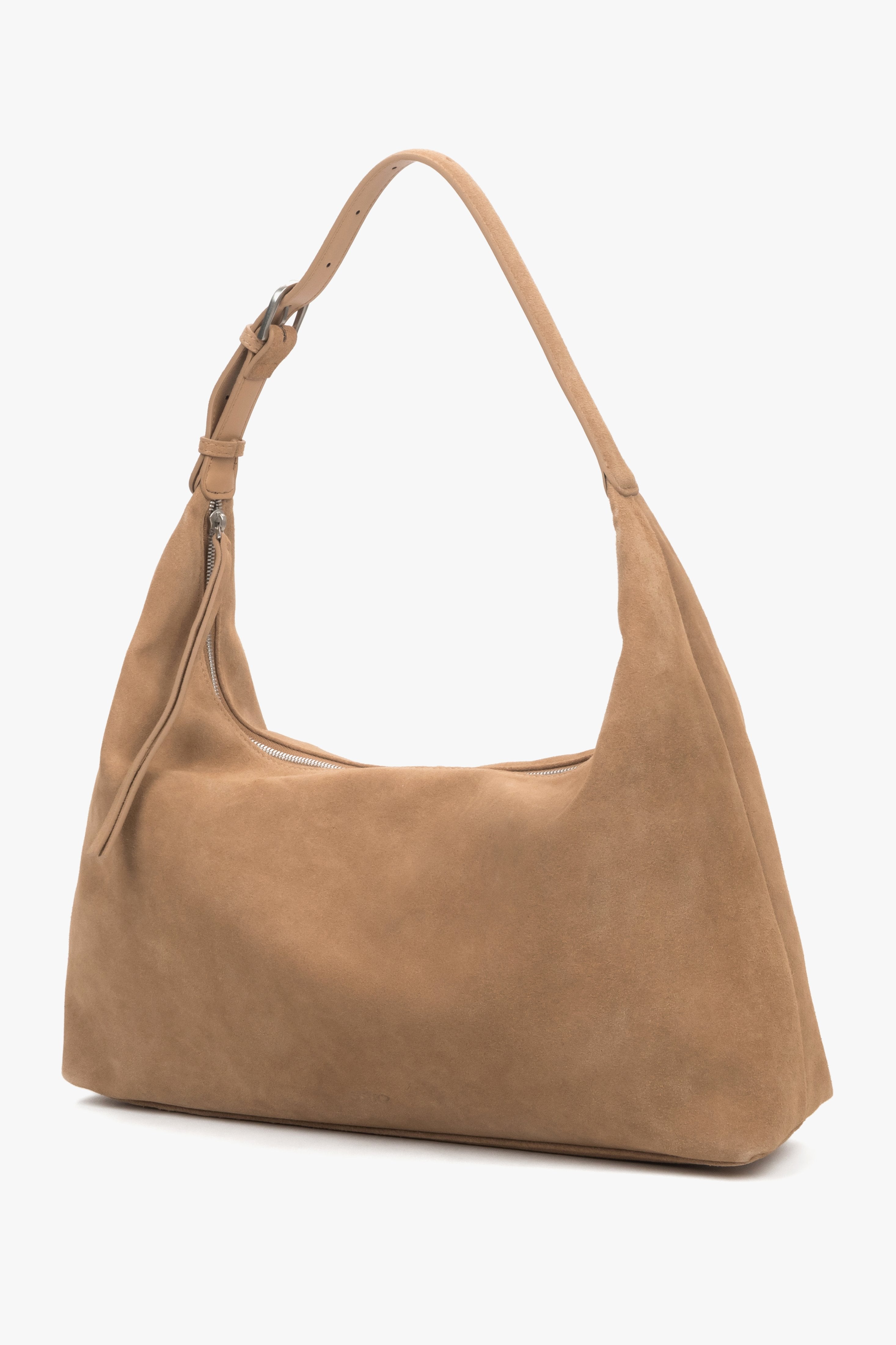 Large beige velour tote bag for women featuring a secure zipper closure.