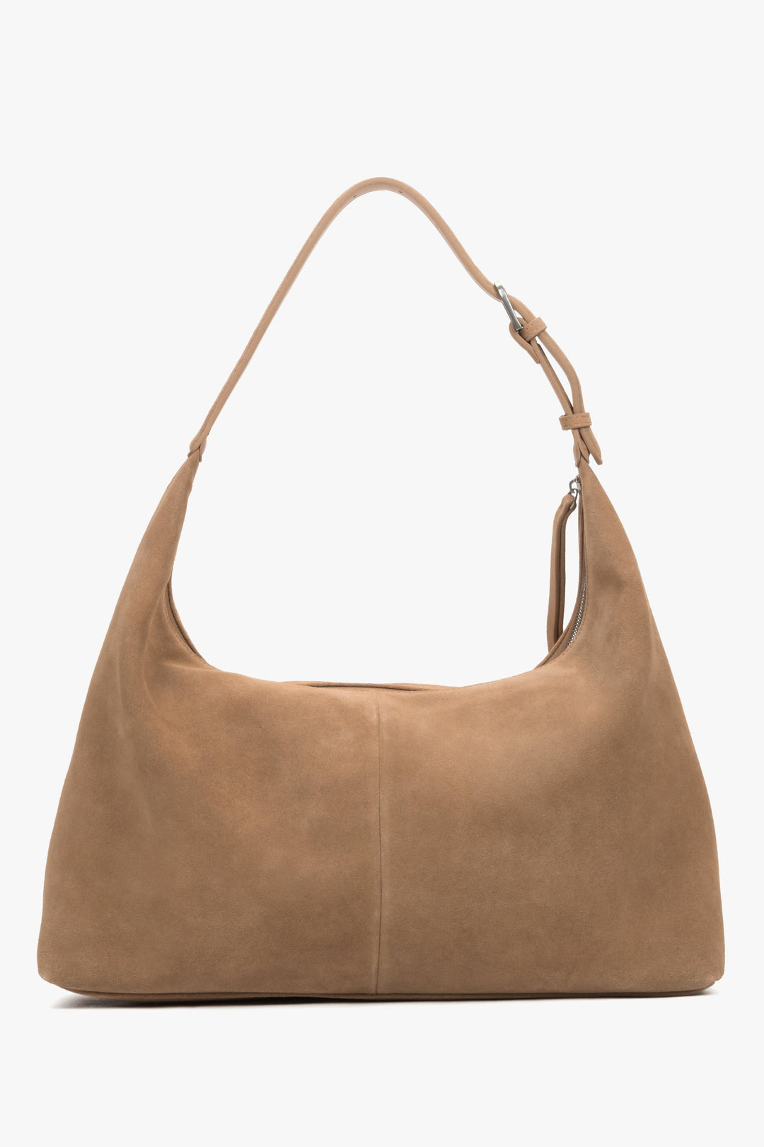 Estro women's beige velour shoulder bag with an adjustable strap and silver accents.