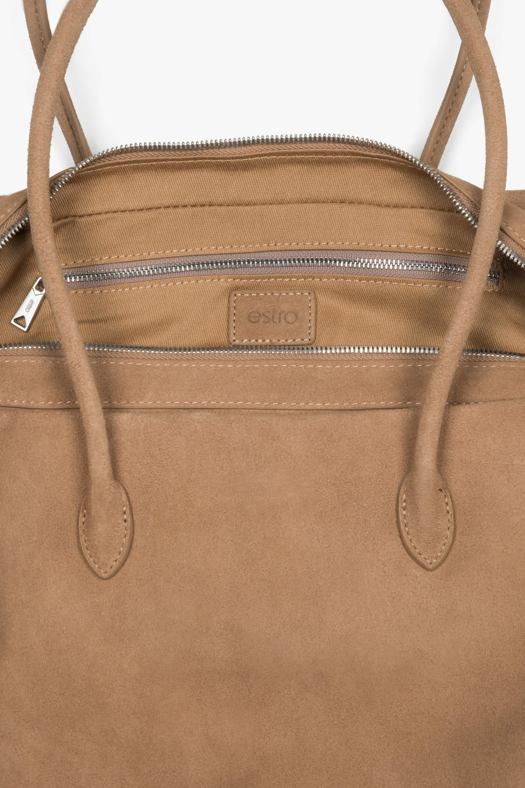 Close-up of the premium natural velour texture on a large beige tote bag.
