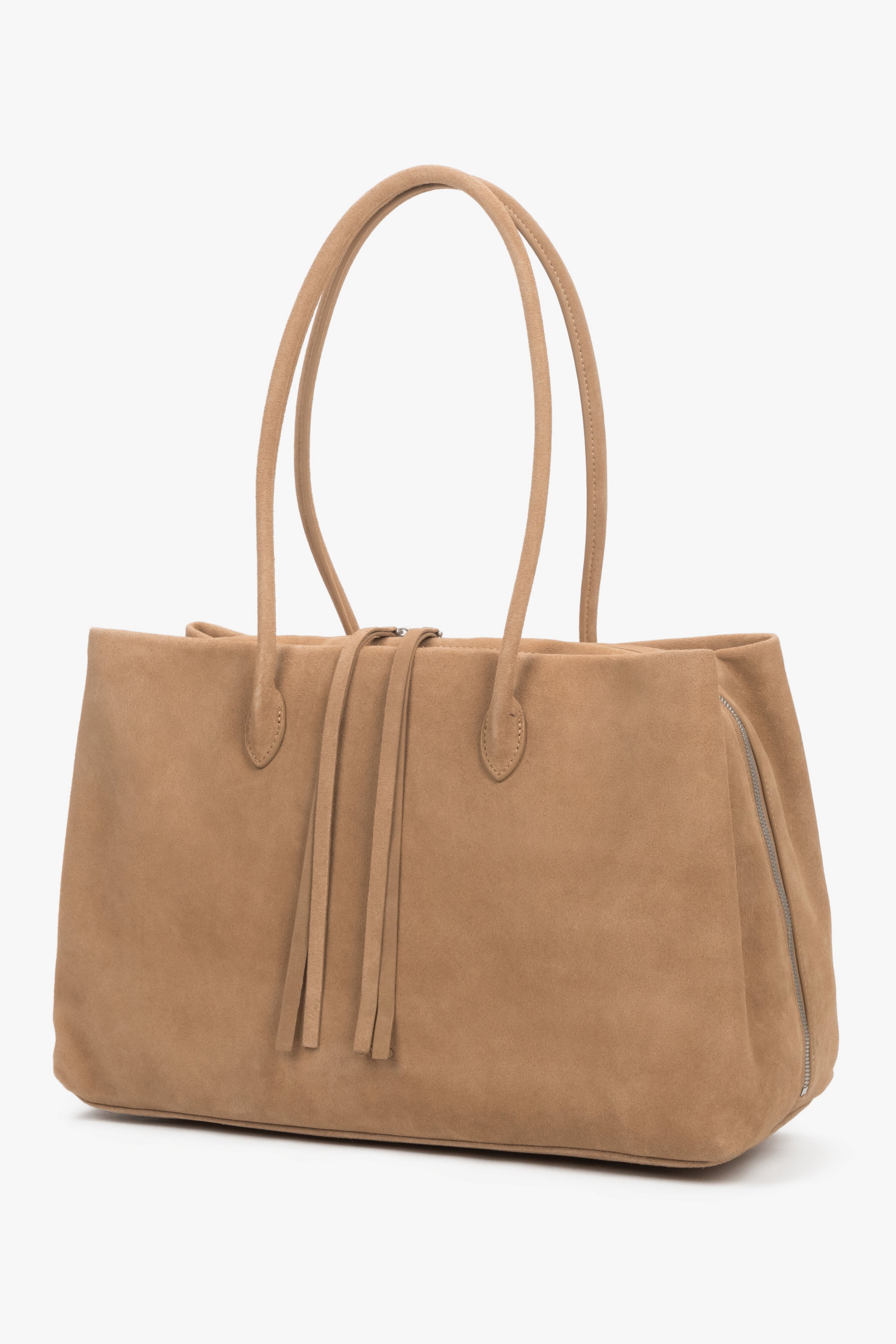 Women’s spacious beige natural velour tote bag with three compartments, Estro.