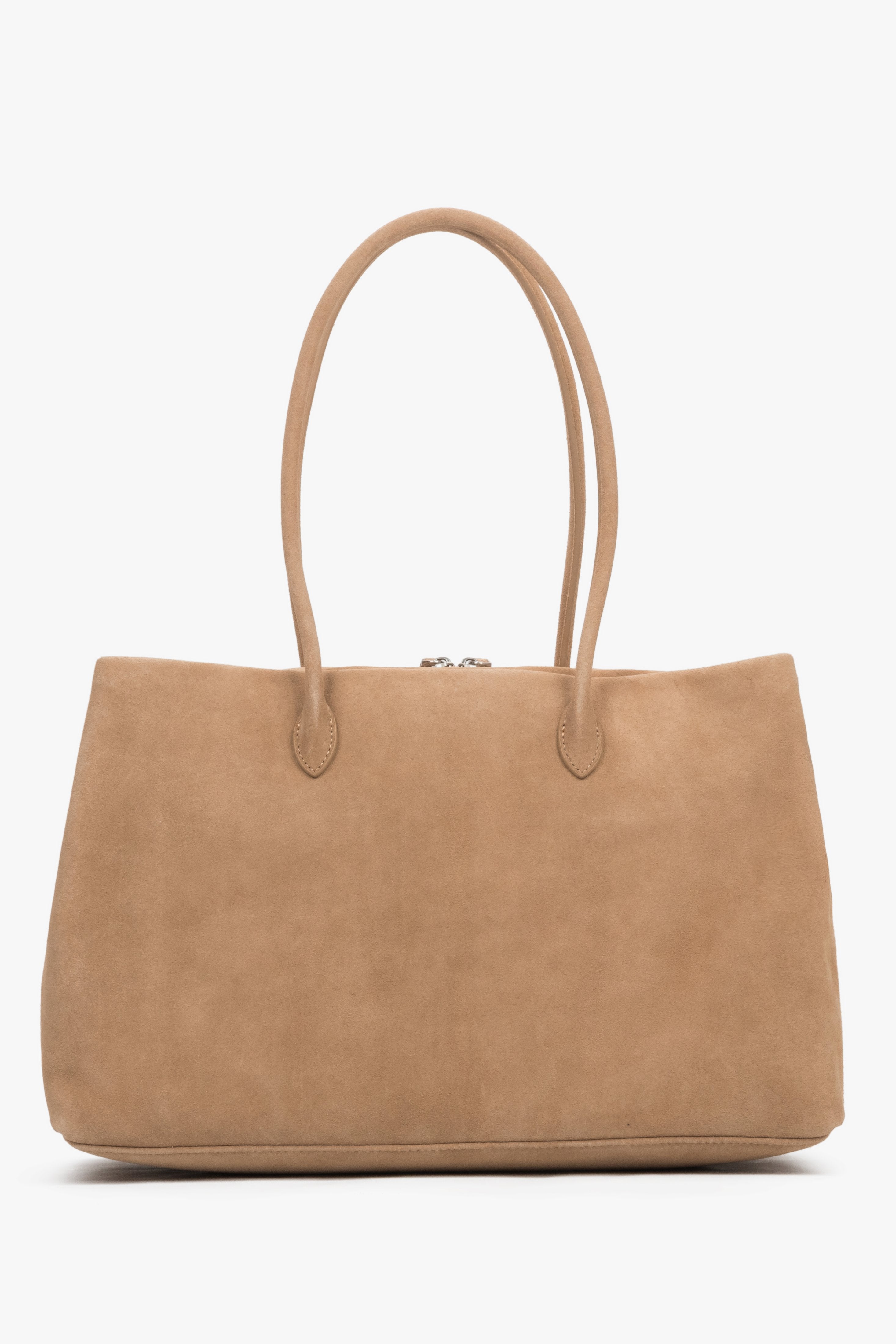 Elegant beige natural velour tote bag featuring functional zipper pull cords.
