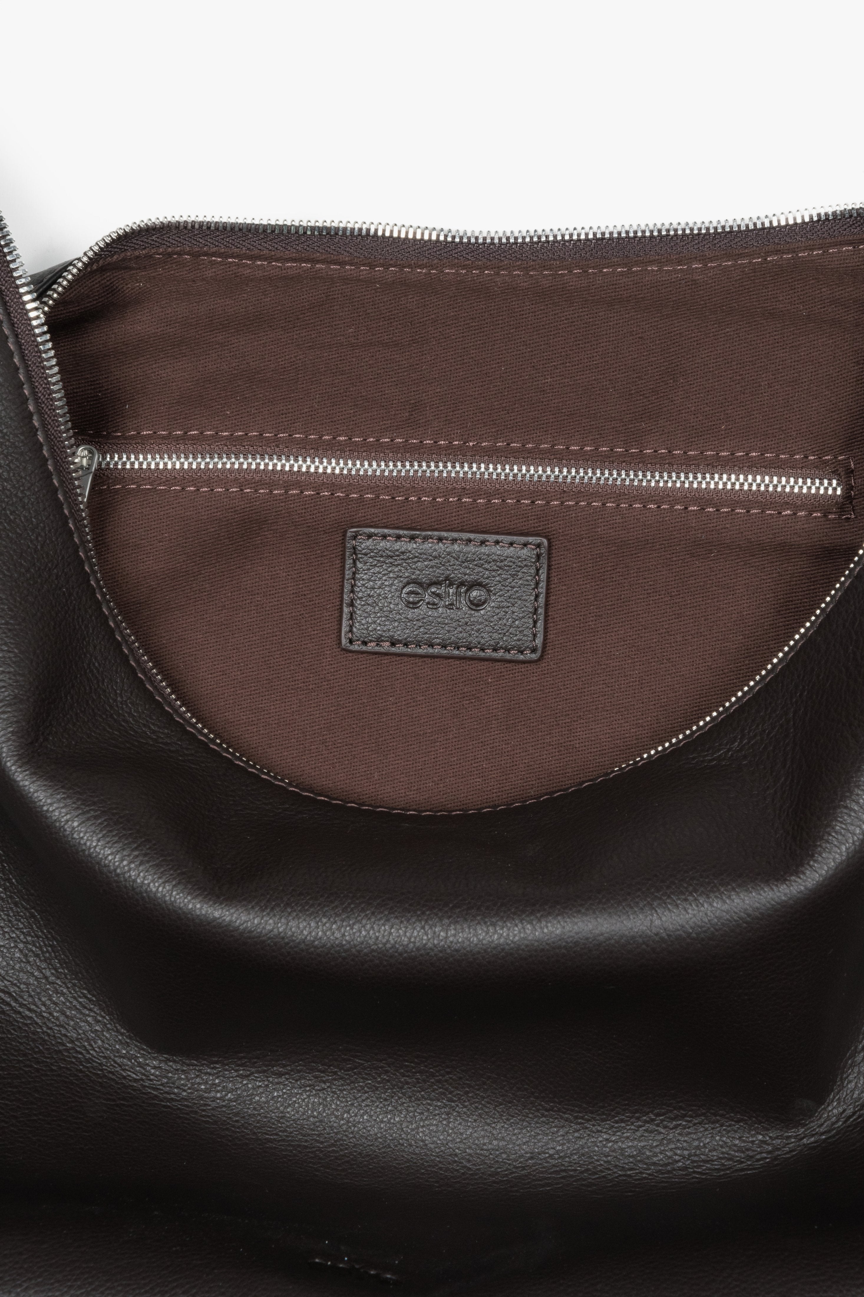 Women’s spacious dark brown natural leather shopper bag with silver hardware, Estro.