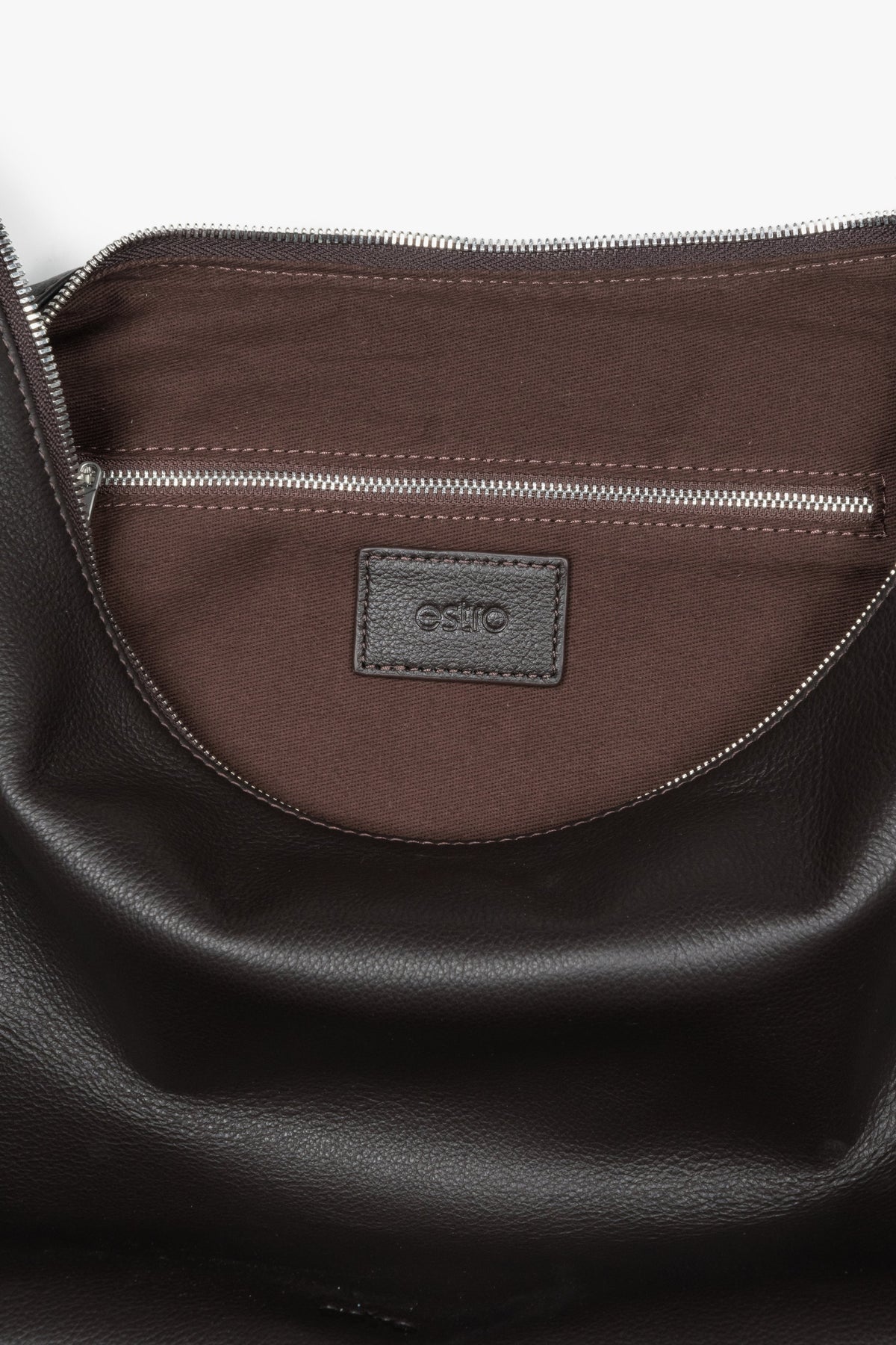 Women’s spacious dark brown natural leather shopper bag with silver hardware, Estro.
