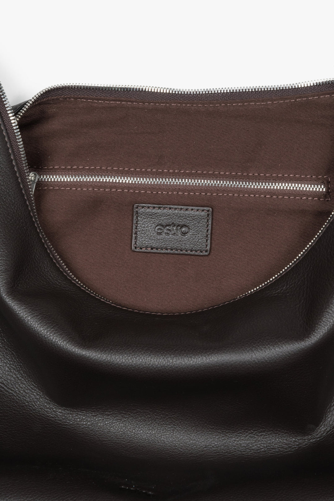 Women’s spacious dark brown natural leather shopper bag with silver hardware, Estro.