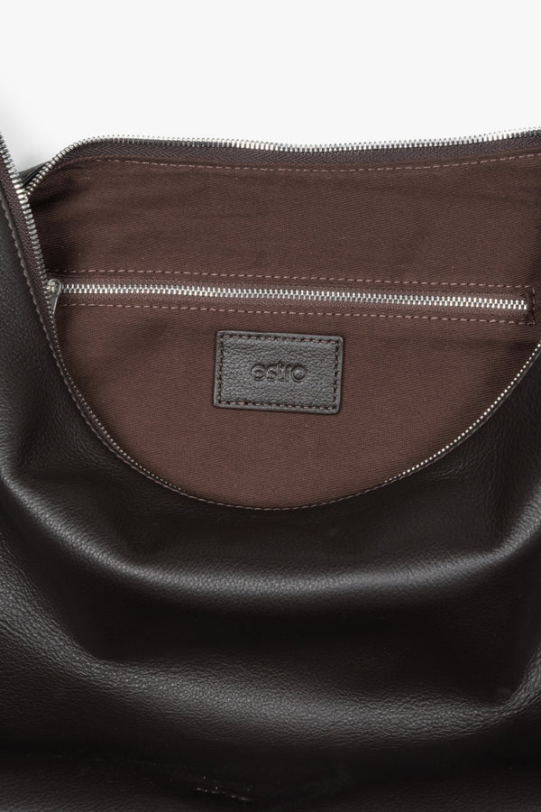 Women’s spacious dark brown natural leather shopper bag with silver hardware, Estro.
