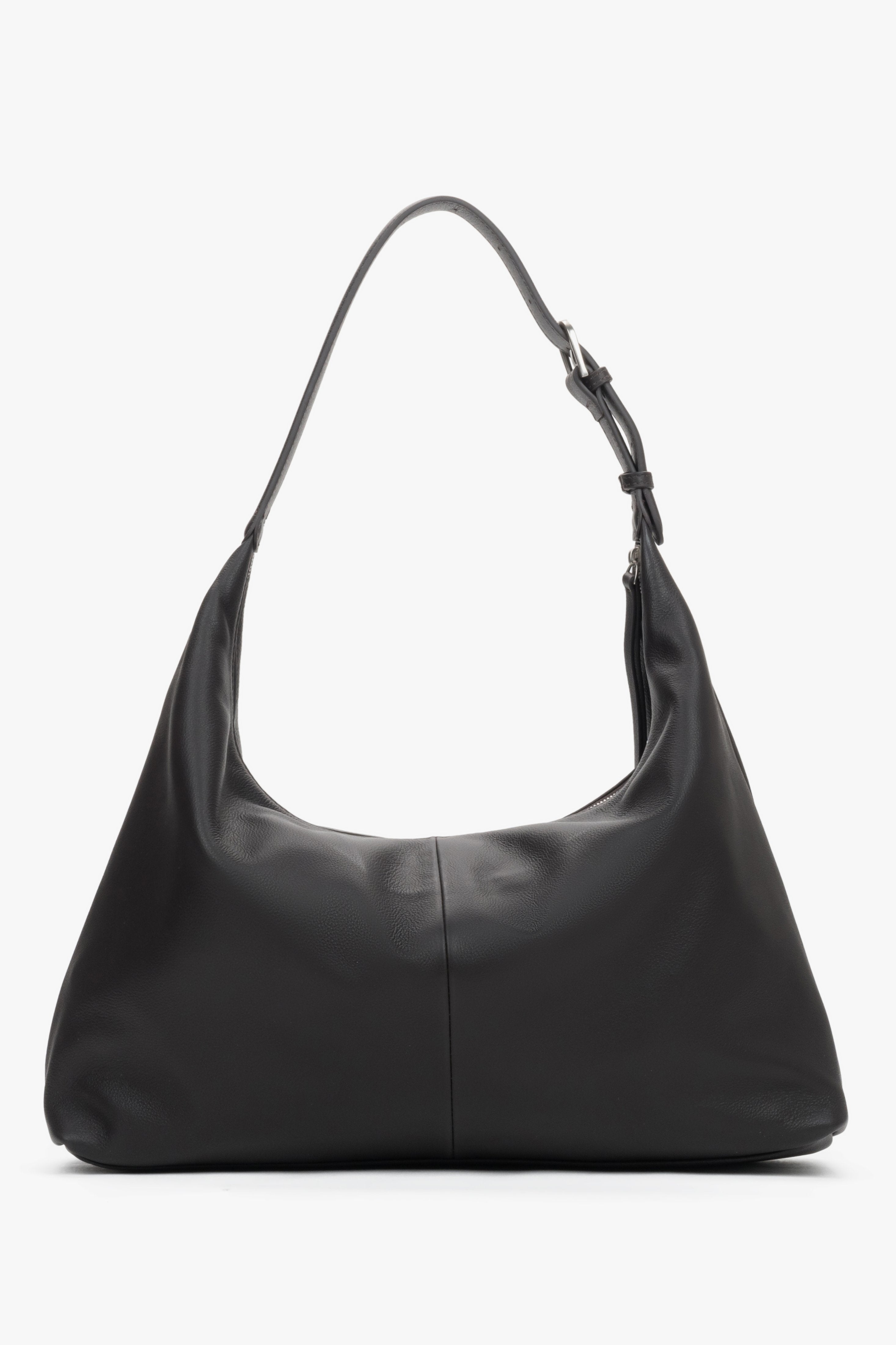Practical and stylish dark brown leather shoulder bag, perfect for work or travel.