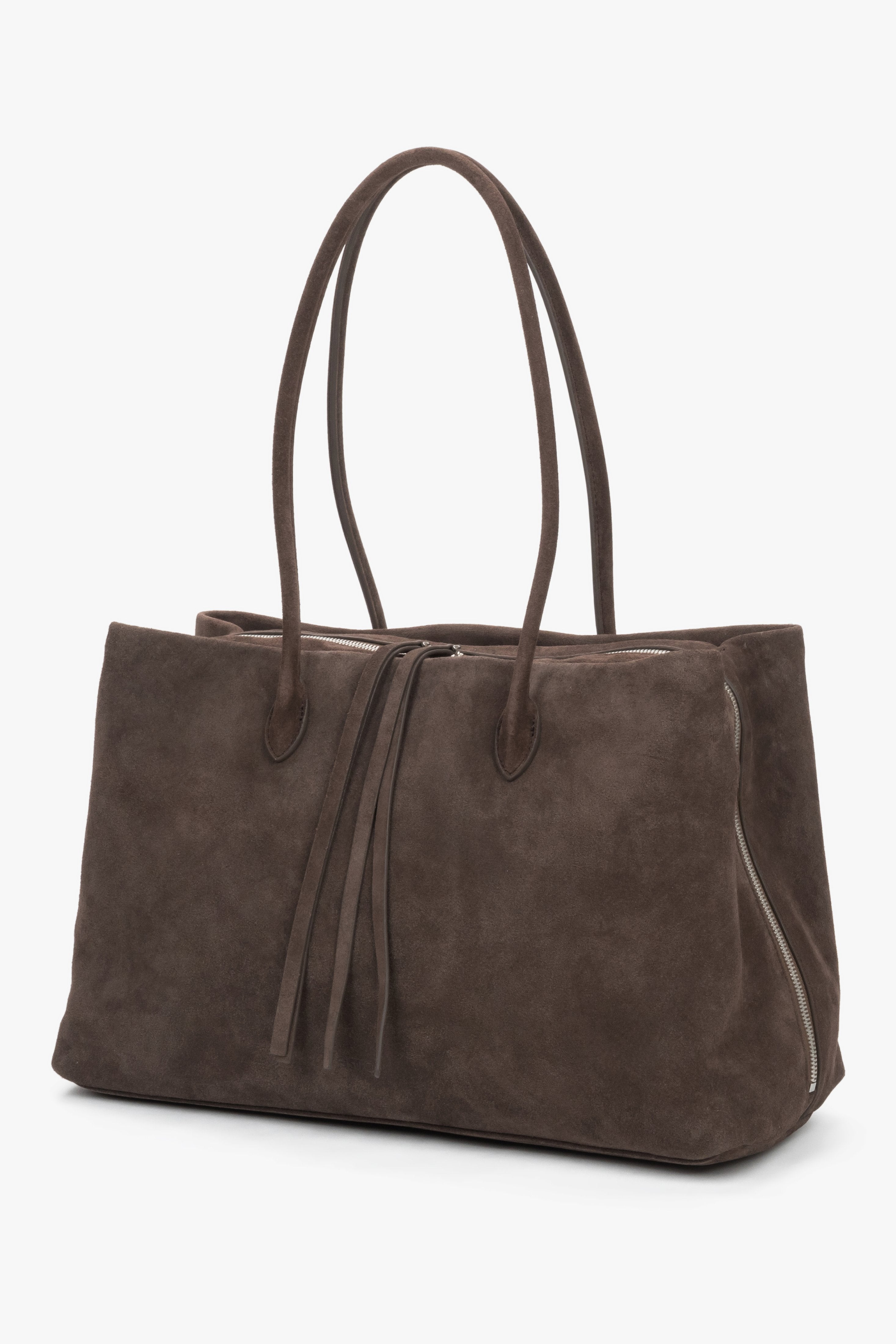 Women’s spacious dark brown natural velour tote bag with three compartments, Estro.