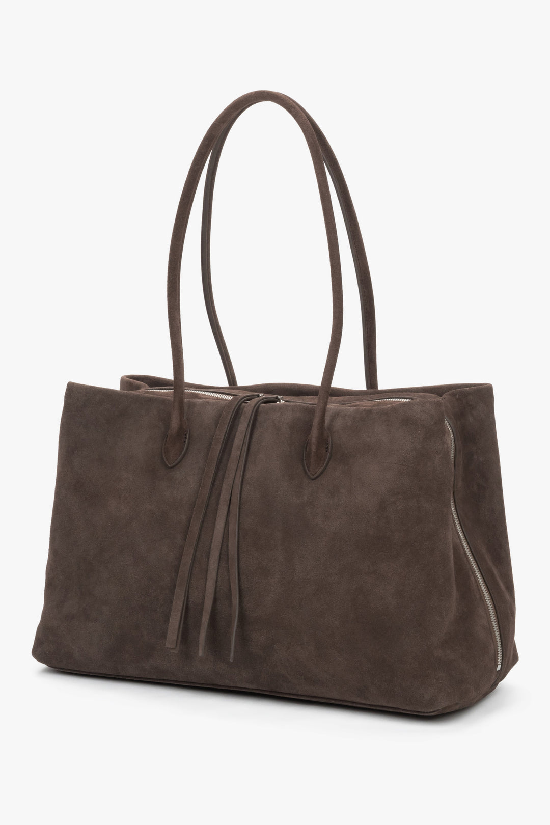 Women’s spacious dark brown natural velour tote bag with three compartments, Estro.