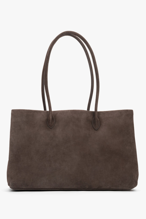 Estro women's dark brown velour handbag with long handles for shoulder carry.