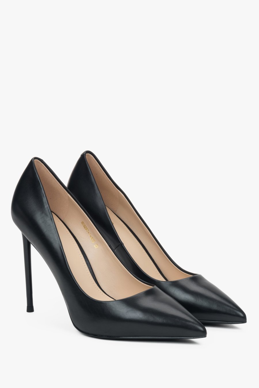 Women's black high-heeled stilettos made of genuine leather by Estro - shoe profile.