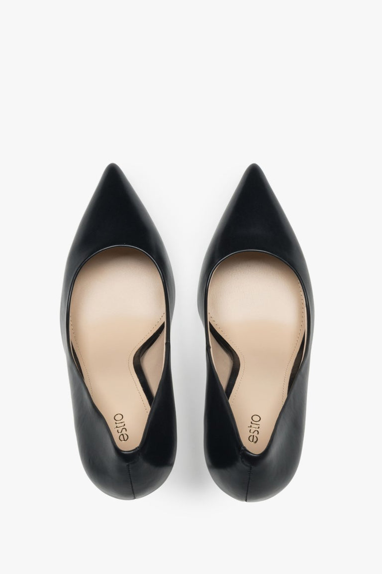 Women's black high-heeled stilettos made of genuine leather by Estro.