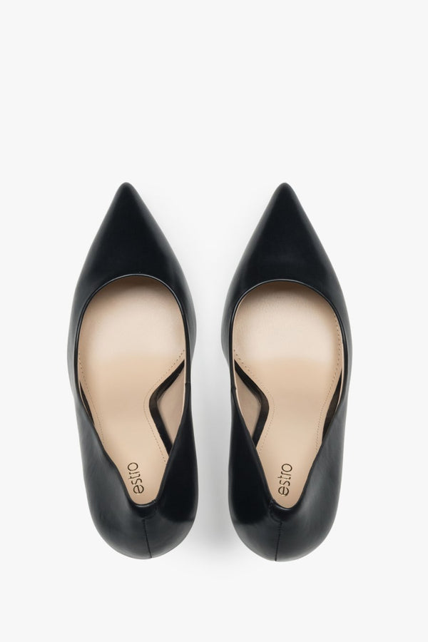 Women's black high-heeled stilettos made of genuine leather by Estro.