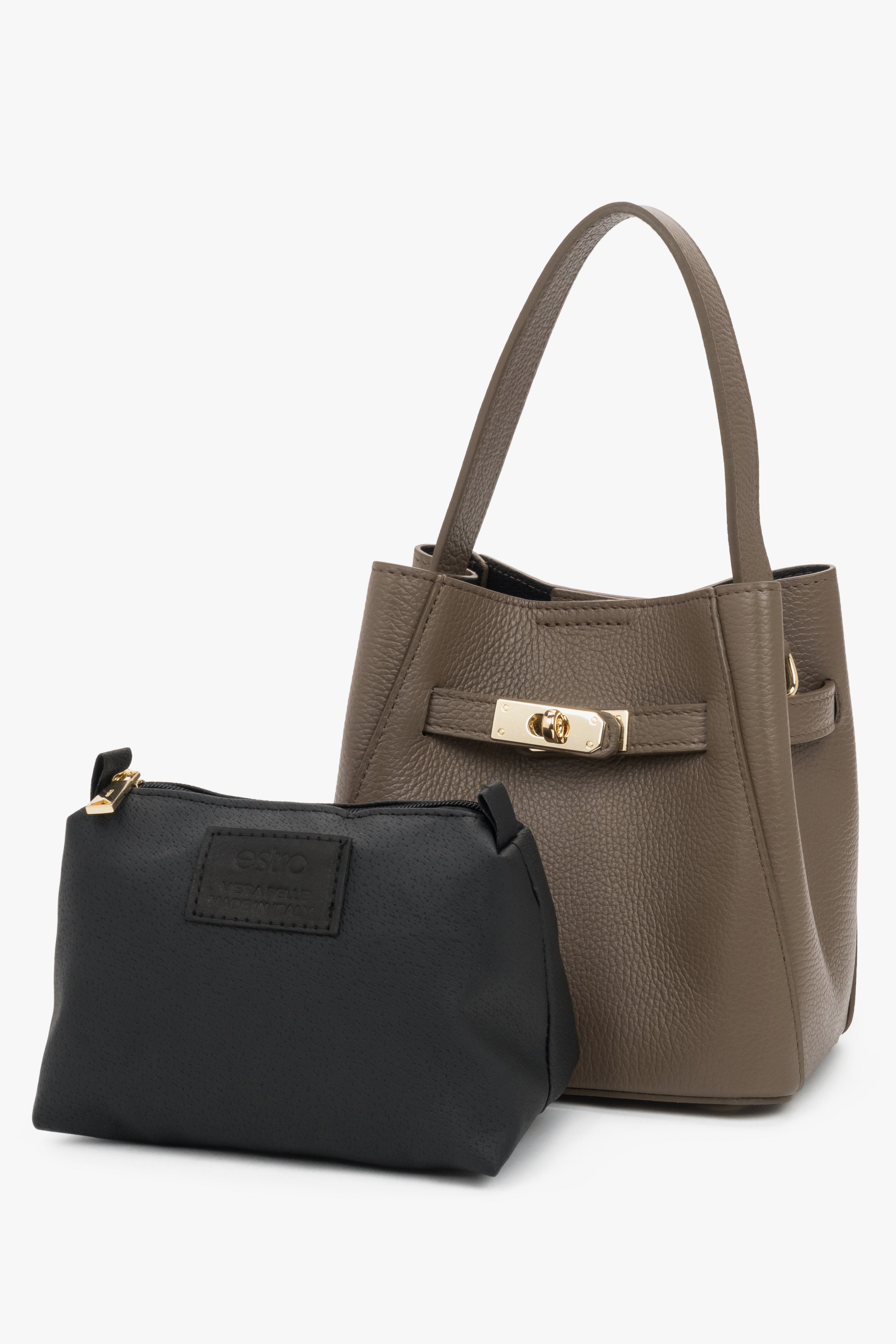 Elegant taupe satchel handbag made of premium Italian genuine leather.