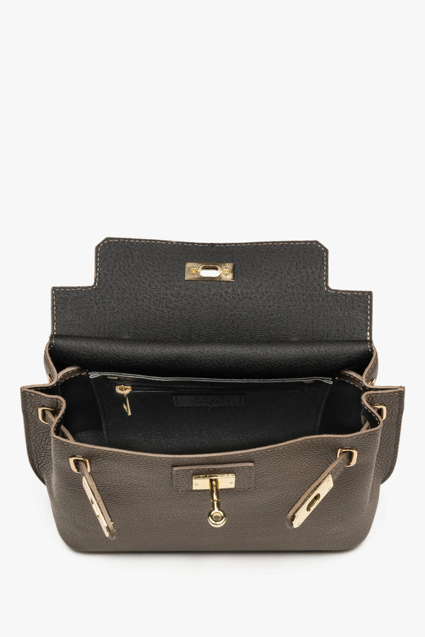 Women’s satchel bag, taupe, Italian premium textured genuine leather, Estro.