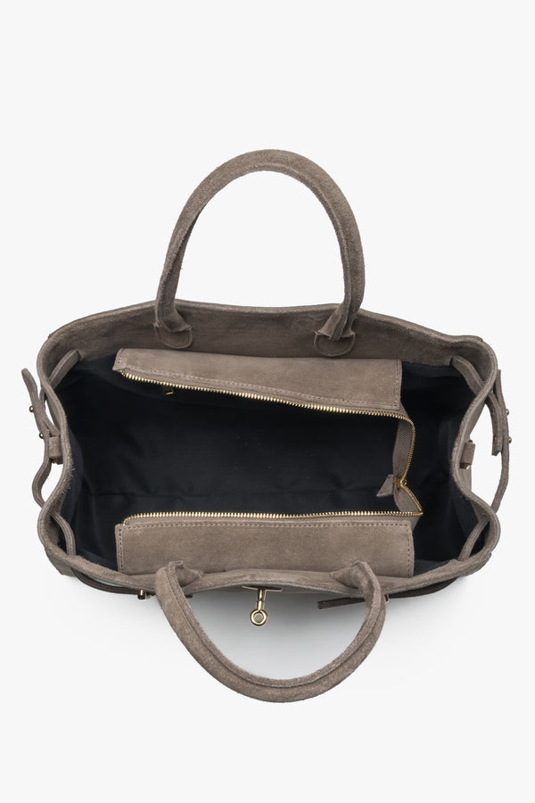 Grey-beige, elegant women’s tote bag made of Premium Italian genuine velour by Estro.