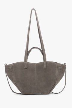 Women's taupe shoulder bag with long handles made of Premium Italian Genuine Velour.
