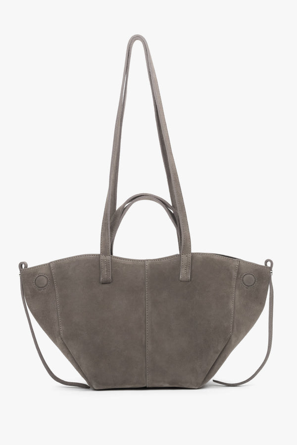 Women's taupe shoulder bag with long handles made of Premium Italian Genuine Velour.