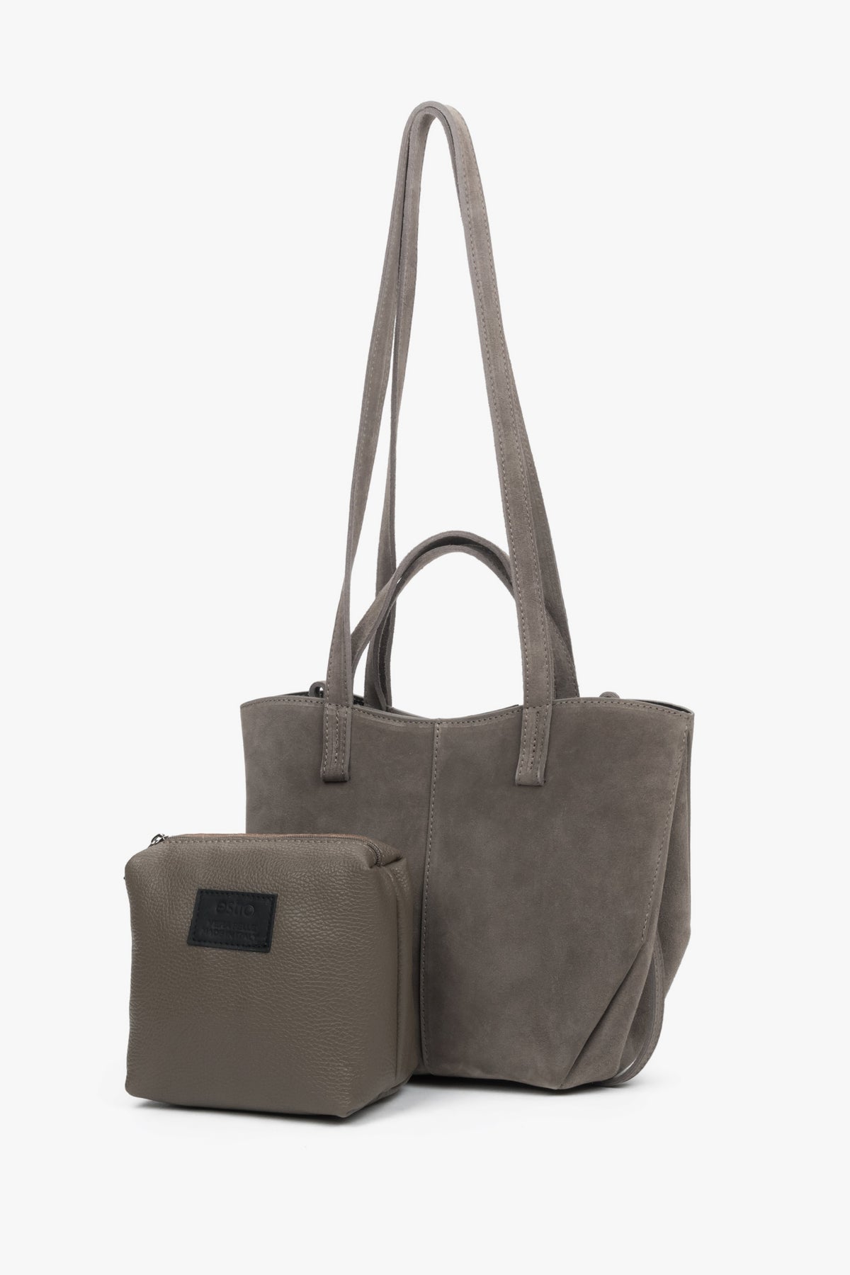 Women's taupe shoulder bag with long handles made of Premium Italian Genuine Velour Estro.