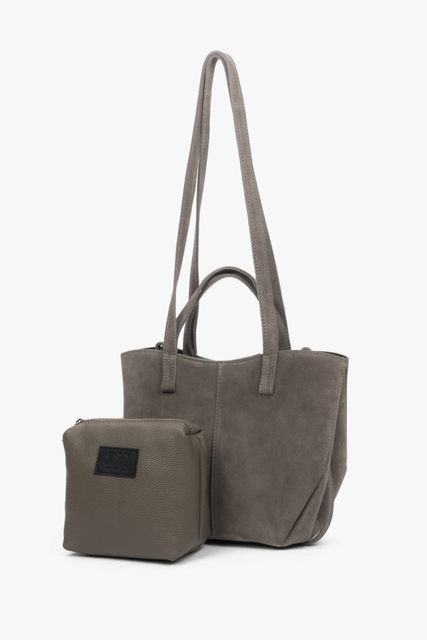 Women's taupe shoulder bag with long handles made of Premium Italian Genuine Velour Estro.
