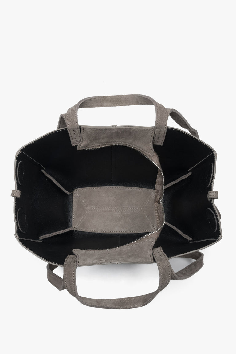 Women's shoulder bag with long handles, taupe, made of Premium Italian Genuine Velour, Estro.