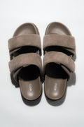 Top view of women's taupe velour slide sandals with soft straps by Estro