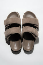 Top view of women's taupe velour slide sandals with soft straps by Estro