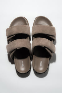 Top view of women's taupe velour slide sandals with soft straps by Estro