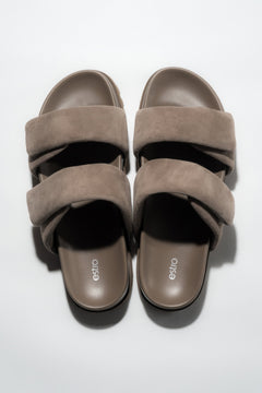 Top view of women's taupe velour slide sandals with soft straps by Estro