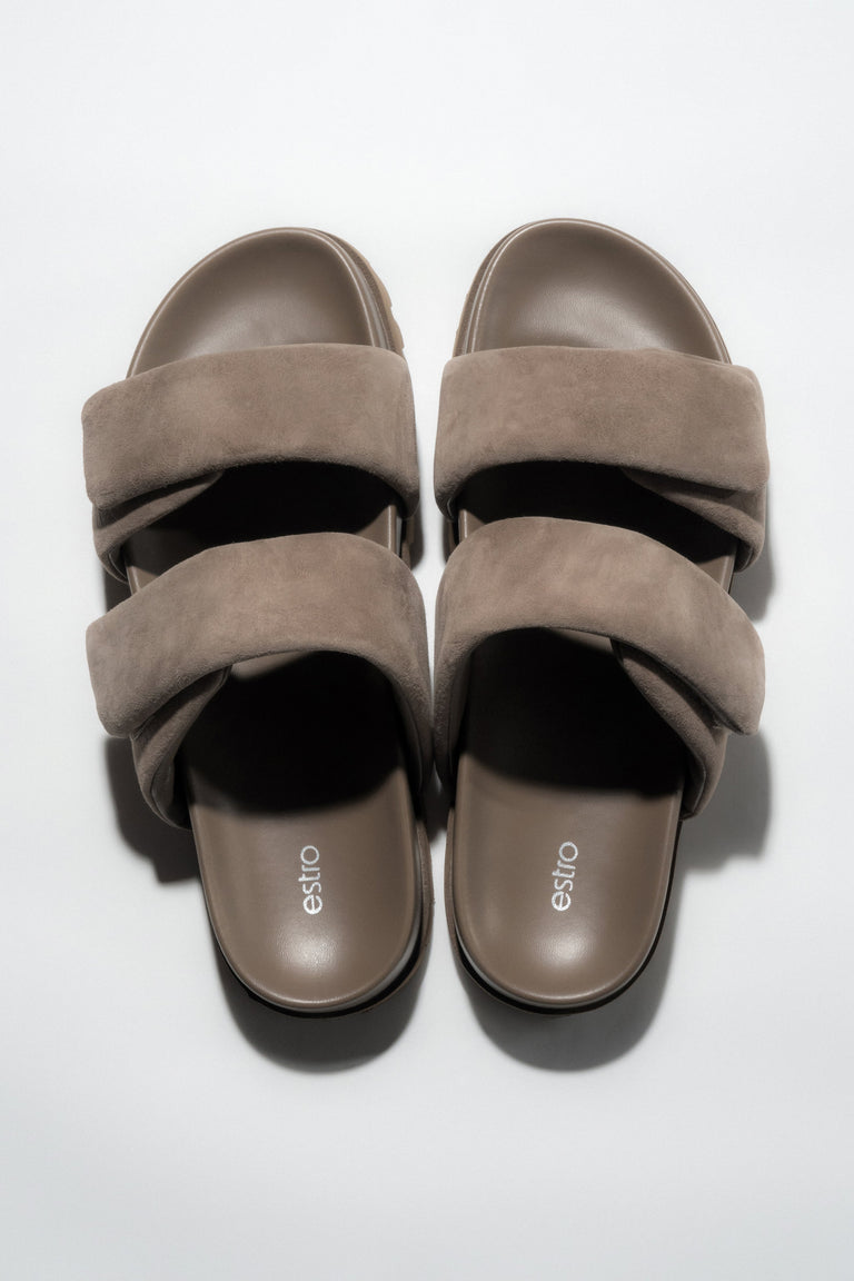 Top view of women's taupe velour slide sandals with soft straps by Estro