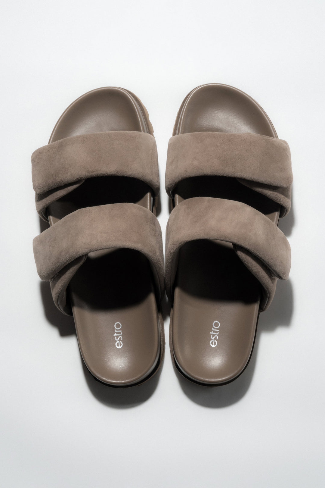 Top view of women's taupe velour slide sandals with soft straps by Estro