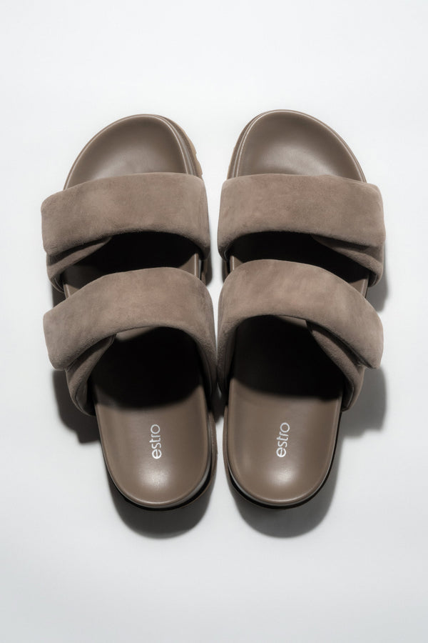 Top view of women's taupe velour slide sandals with soft straps by Estro