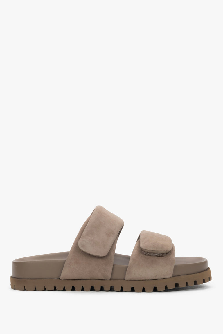 Side view of women's taupe velour slide sandals by Estro