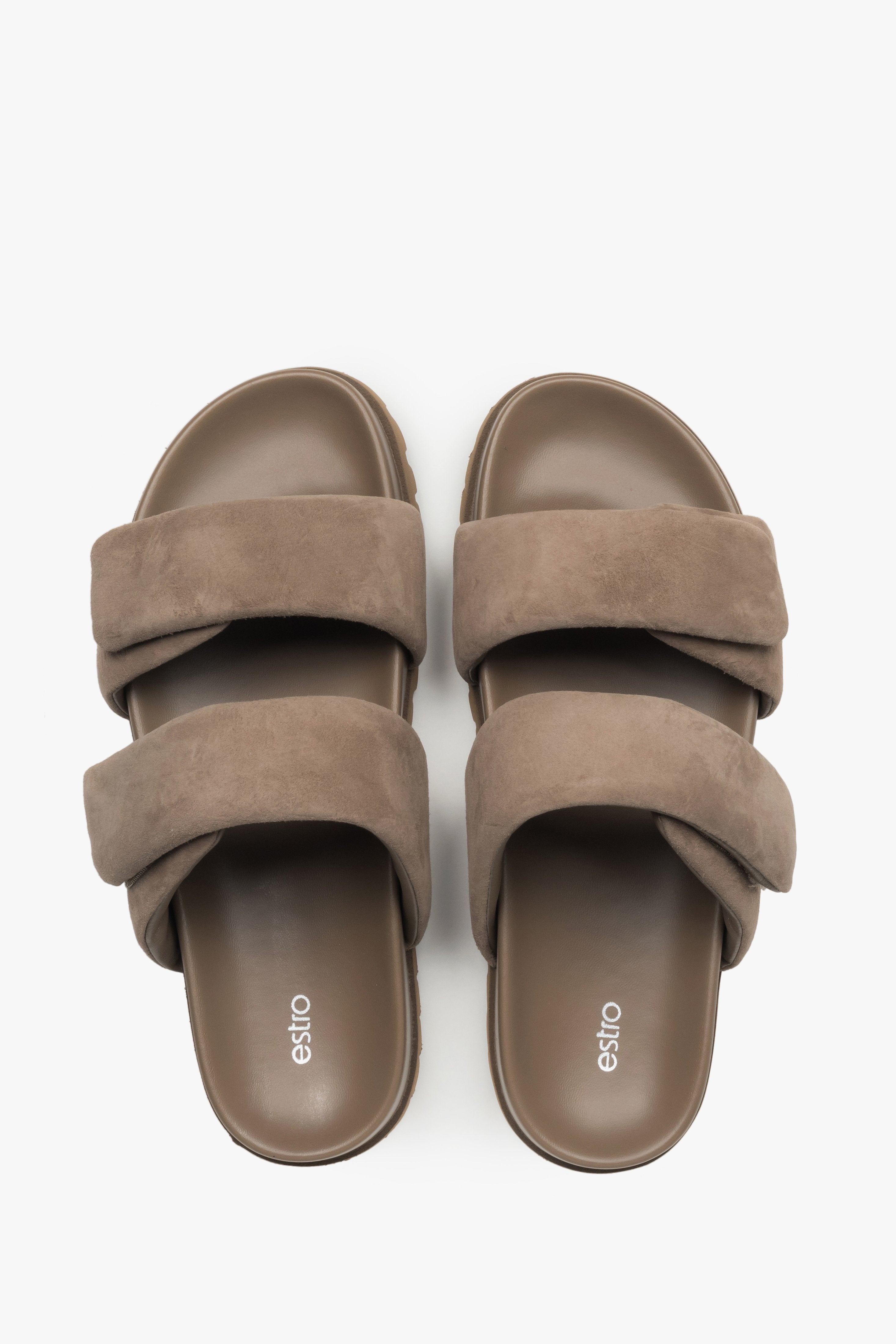 Top view pair of women's taupe velour slide sandals by Estro