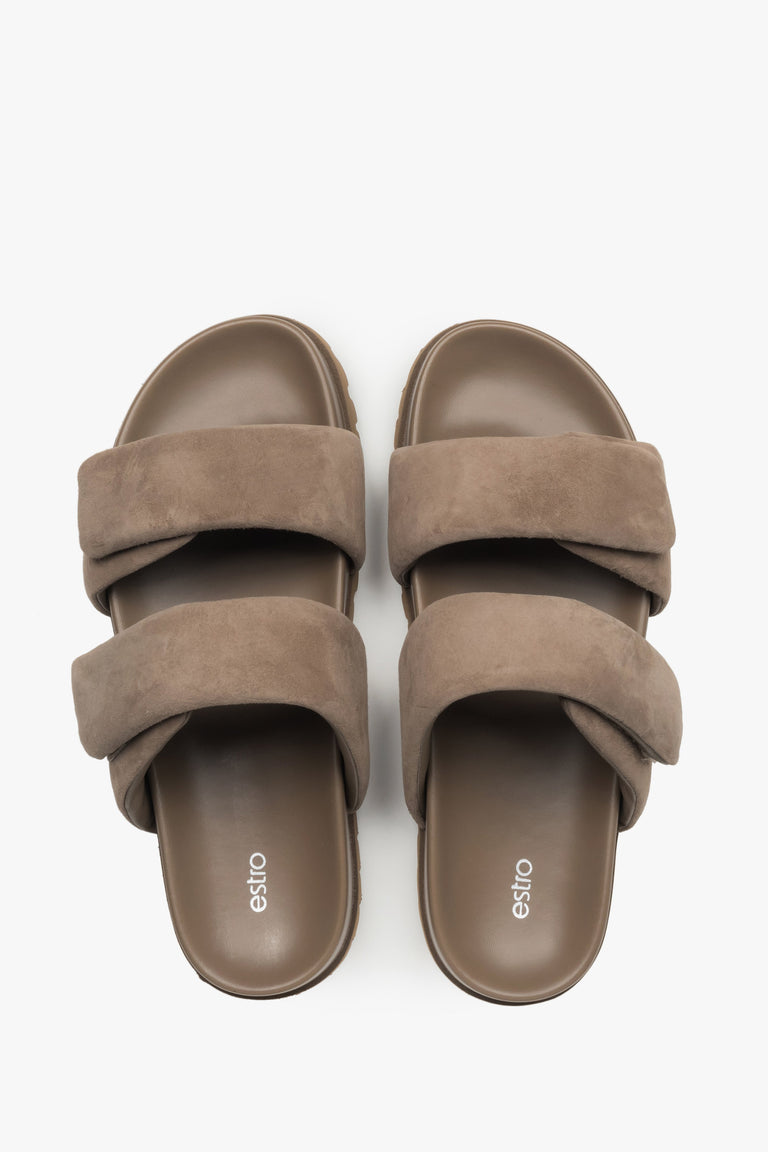 Top view pair of women's taupe velour slide sandals by Estro