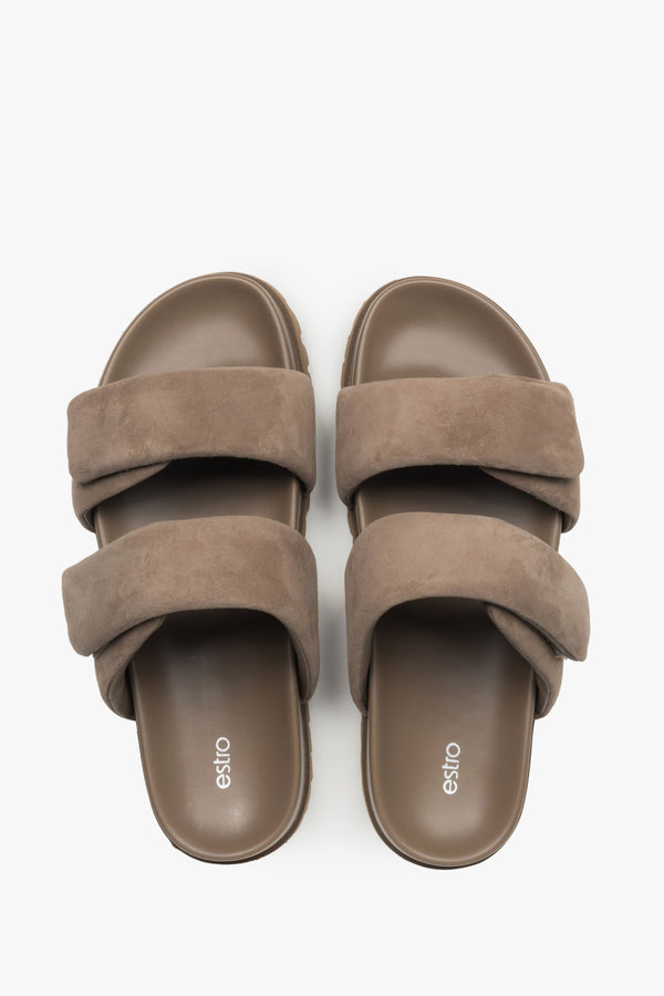 Top view pair of women's taupe velour slide sandals by Estro