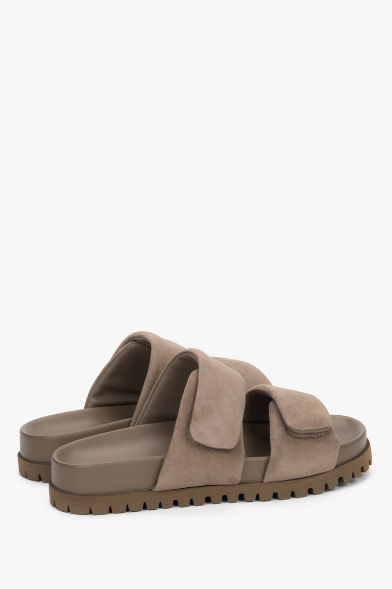 Top angled view of women's taupe velour slide sandals by Estro