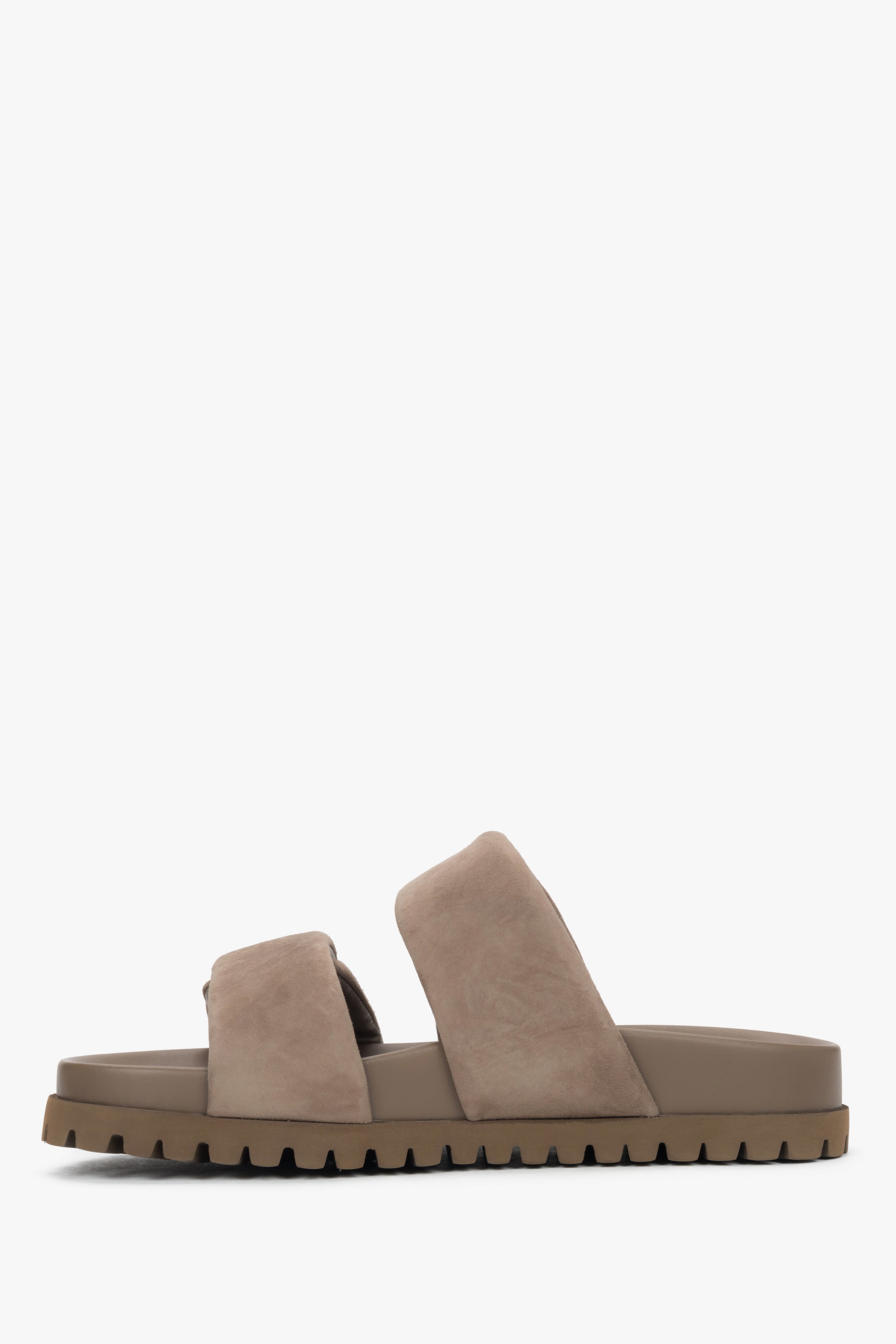Side profile of women's taupe velour slide sandals with soft padded straps